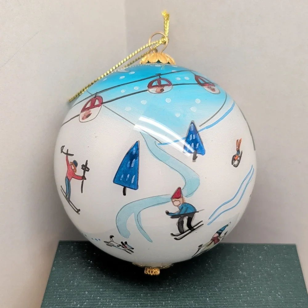 Pier 1 Li Bien Merry Christmas Ornament Hand Painted Skiing Winter Scene 2019